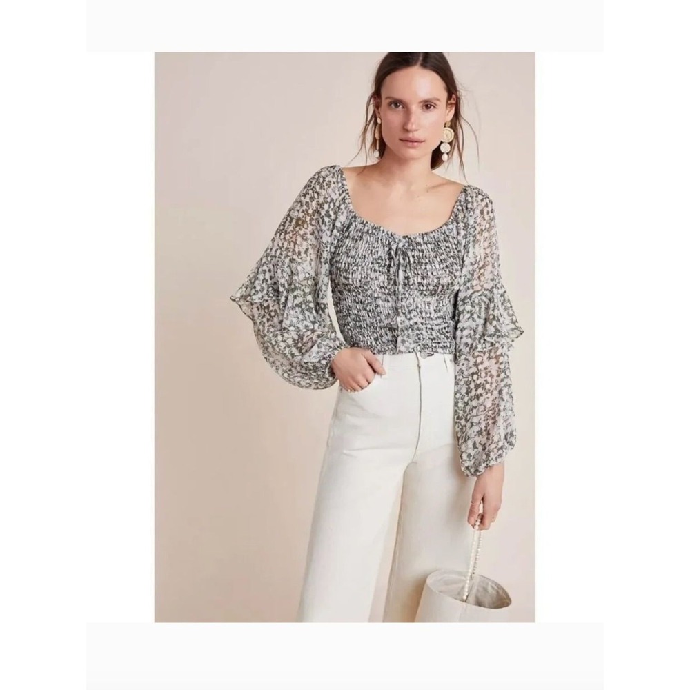 MISA Helaine Floral Sheer Bell Sleeve Crop Top Boho Romantic S